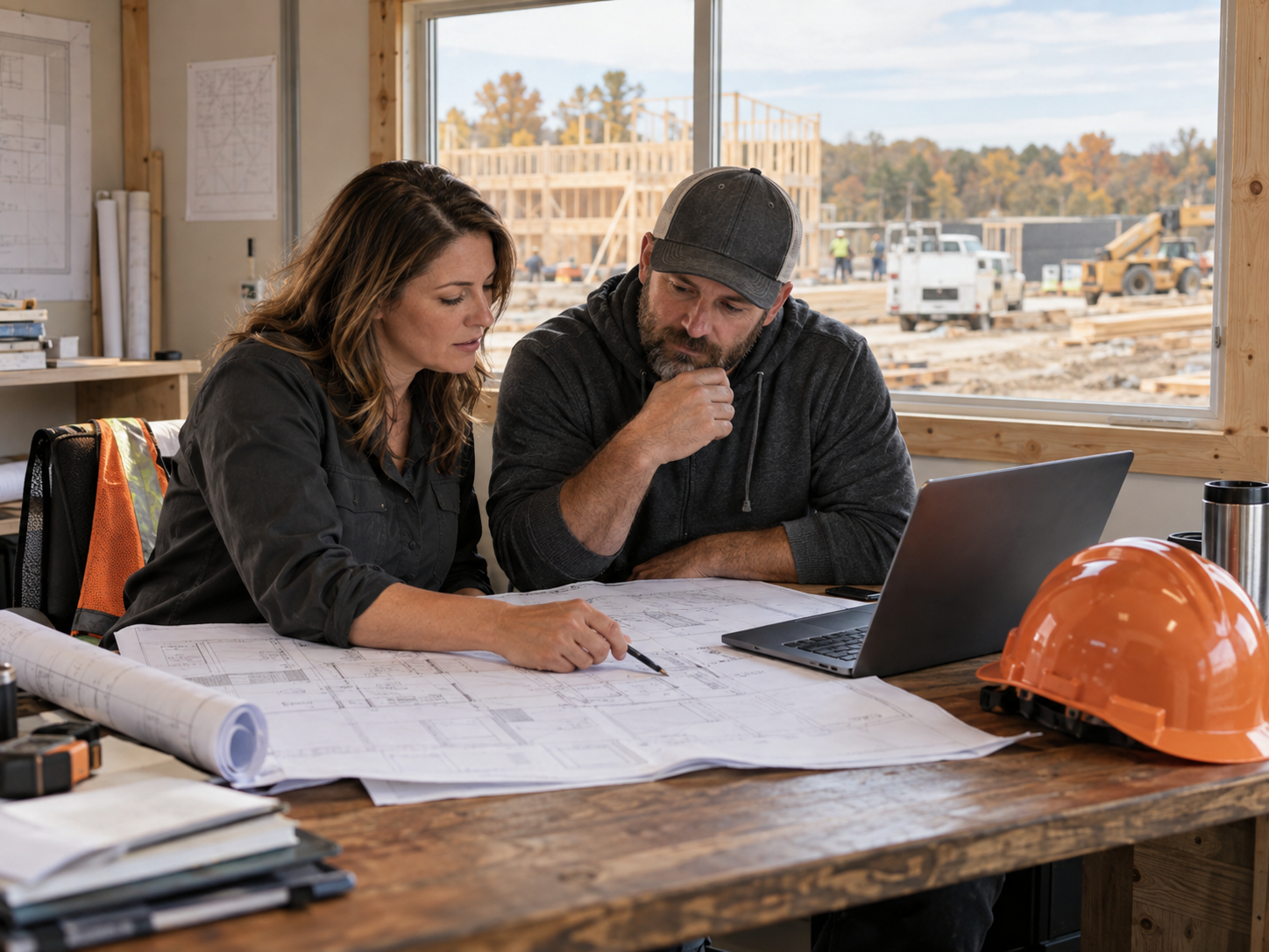 Minnesota contractors reviewing building plans in a job-site office